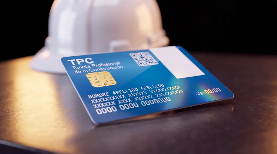 Tarjeta Profesional de la Construcción (TPC) azul junto a un casco de obra