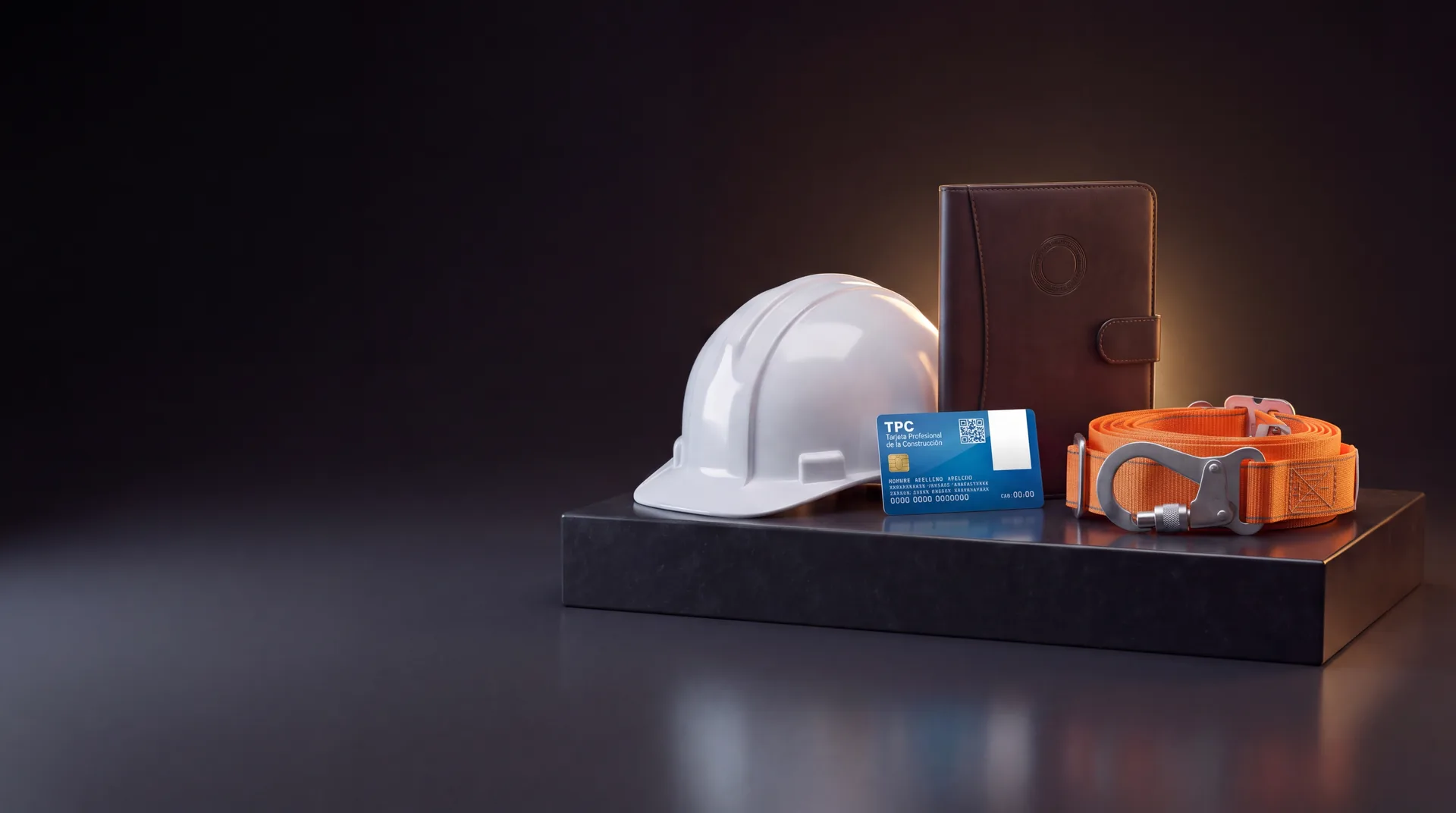 Casco de obra blanco, Tarjeta Profesional de la Construcción azul, carpeta de documentación y arnés sobre un pedestal negro